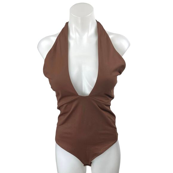 NEW Reoria Women's Brown Halter Sleeveless Plunging One Piece Bodysuit Top Sz M - Picture 1 of 4
